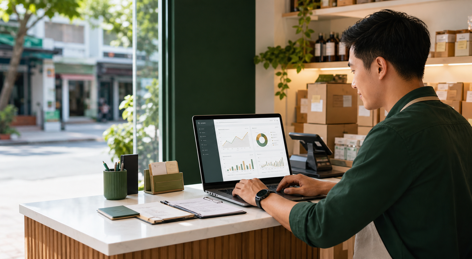 A Singapore small business workspace with a modern digital planning screen on a laptop